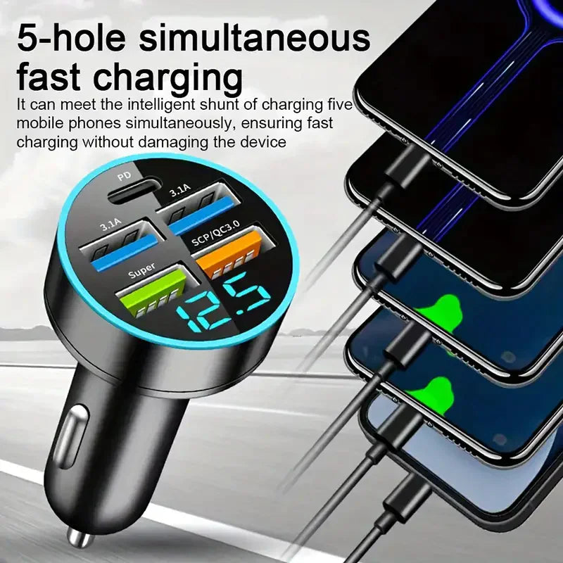 5-Port Fast Car Charger – USB & USB-C Multi-Device Charging Hub