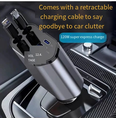 120W Fast Car Charger - Retractable USB-C 4-in-1 ⚡