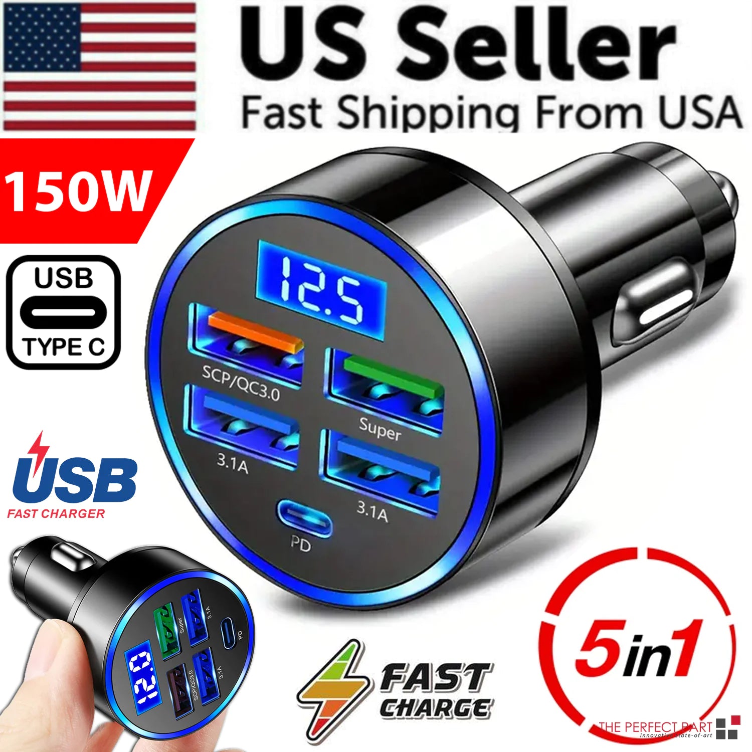 5-Port Fast Car Charger – USB & USB-C Multi-Device Charging Hub