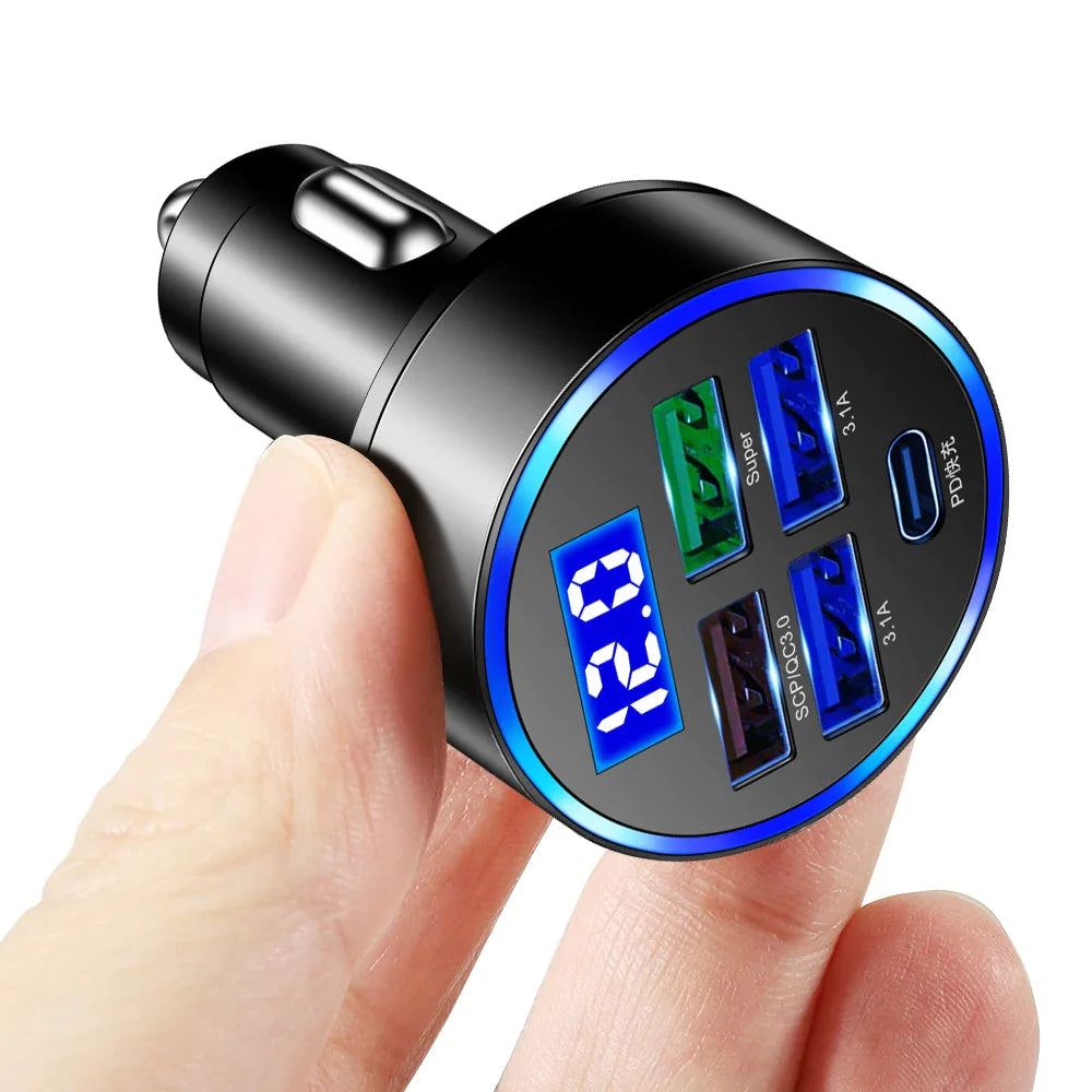 5-Port Fast Car Charger – USB & USB-C Multi-Device Charging Hub